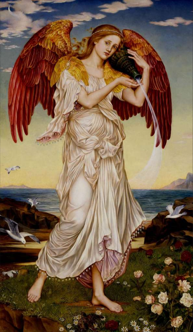 Vintage art painting by artist Evelyn de Morgan entitled Eos, the goddess of dawn and love by the seashore with birds and flowers around her